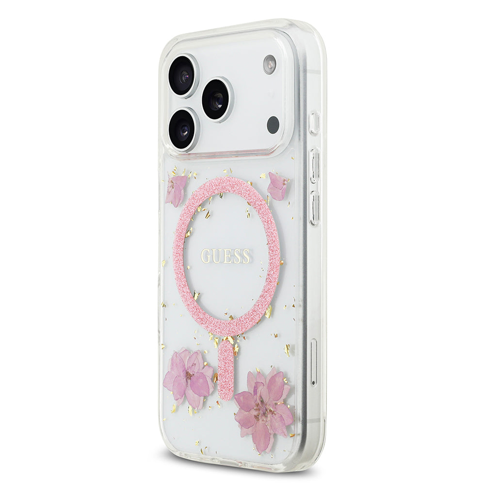 Apple iPhone 17 Pro Kılıf Guess Orjinal Lisanslı M-safe Şarj Özellikli Transparan Resin Flowers Kapak Mor