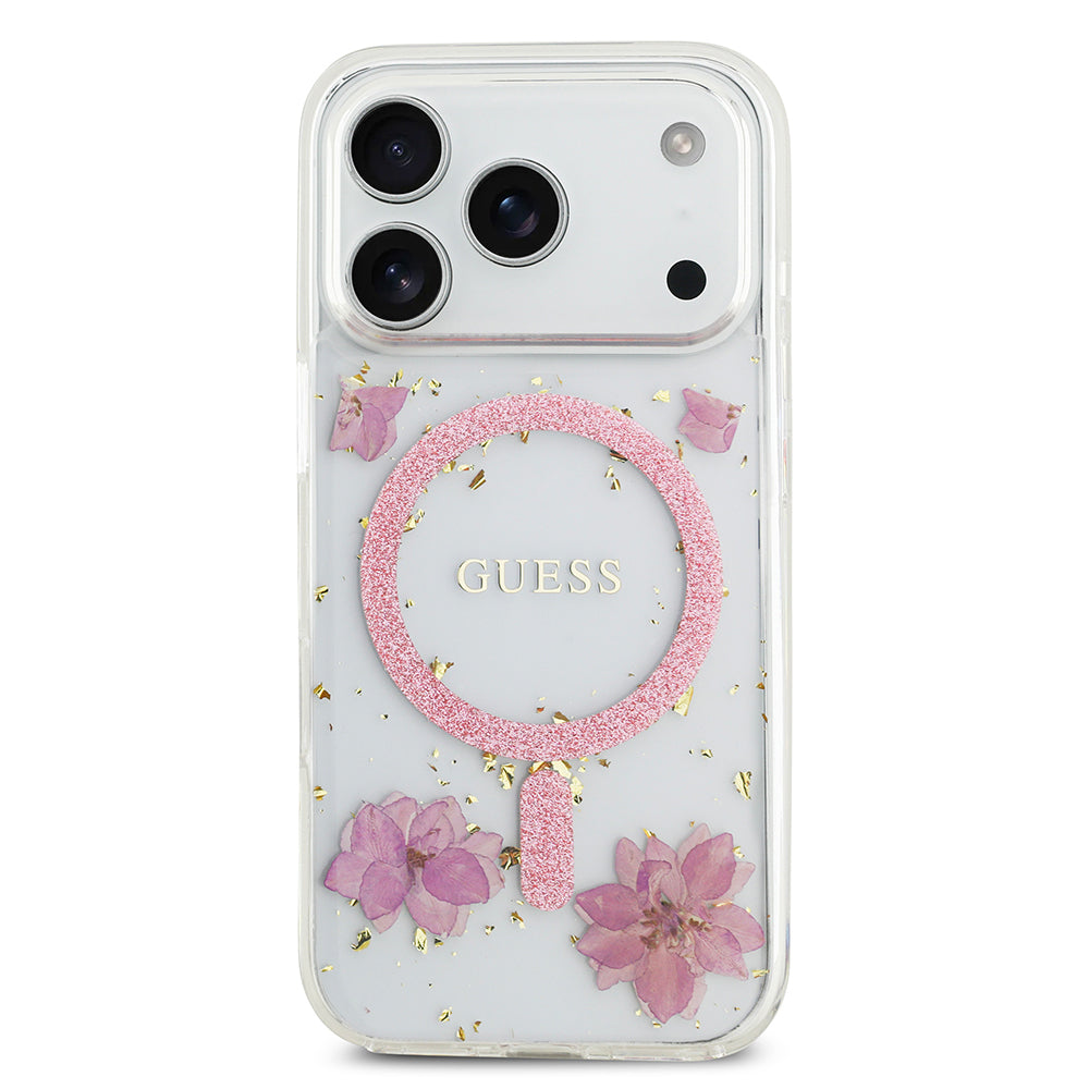 Apple iPhone 17 Pro Kılıf Guess Orjinal Lisanslı M-safe Şarj Özellikli Transparan Resin Flowers Kapak Mor