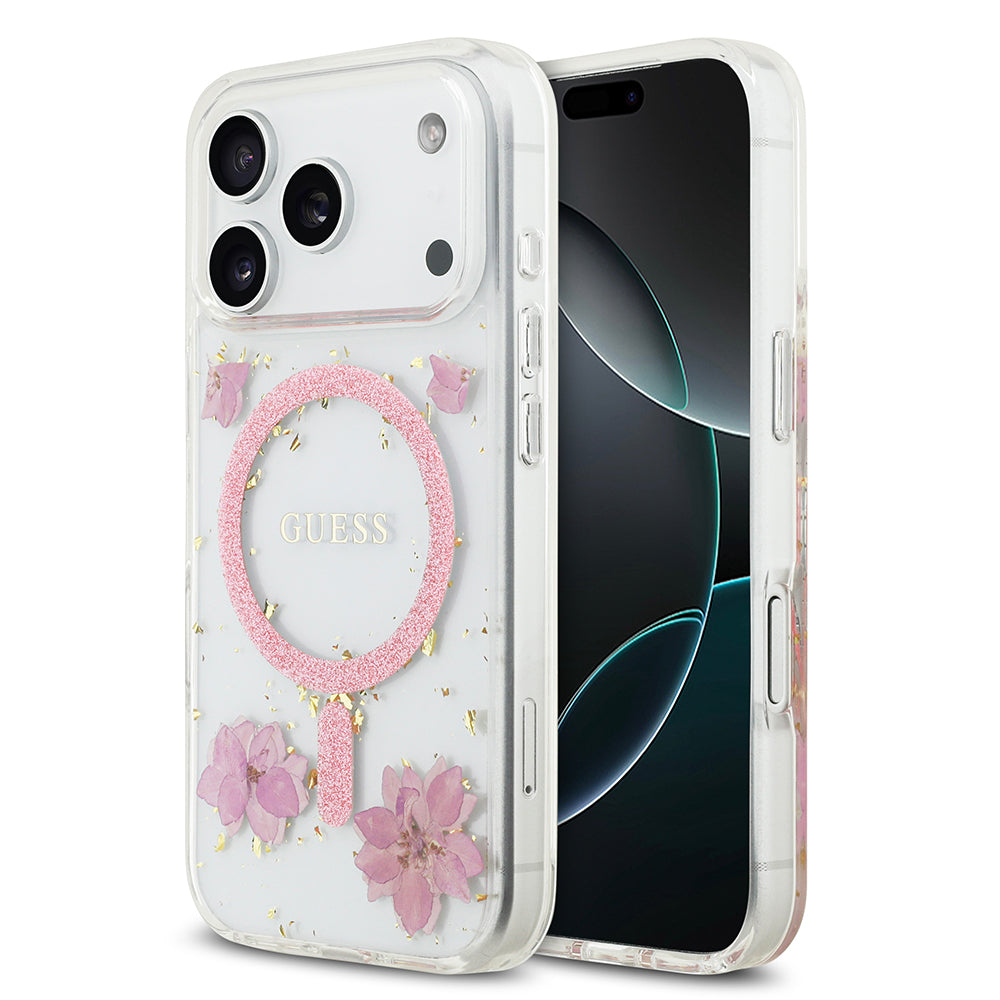 Apple iPhone 17 Pro Kılıf Guess Orjinal Lisanslı M-safe Şarj Özellikli Transparan Resin Flowers Kapak Pembe