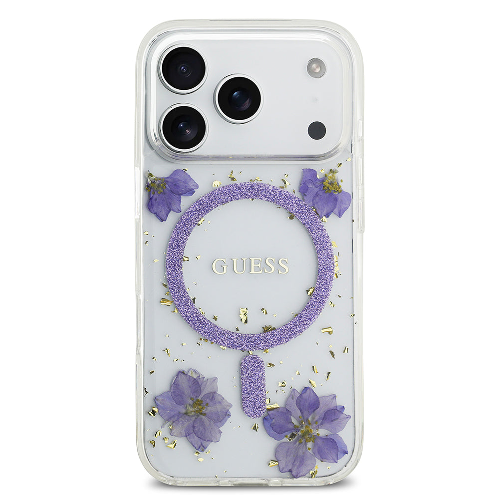 Apple iPhone 17 Pro Kılıf Guess Orjinal Lisanslı M-safe Şarj Özellikli Transparan Resin Flowers Kapak Pembe