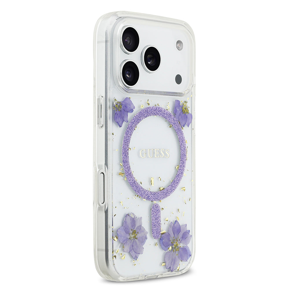 Apple iPhone 17 Pro Kılıf Guess Orjinal Lisanslı M-safe Şarj Özellikli Transparan Resin Flowers Kapak Mor