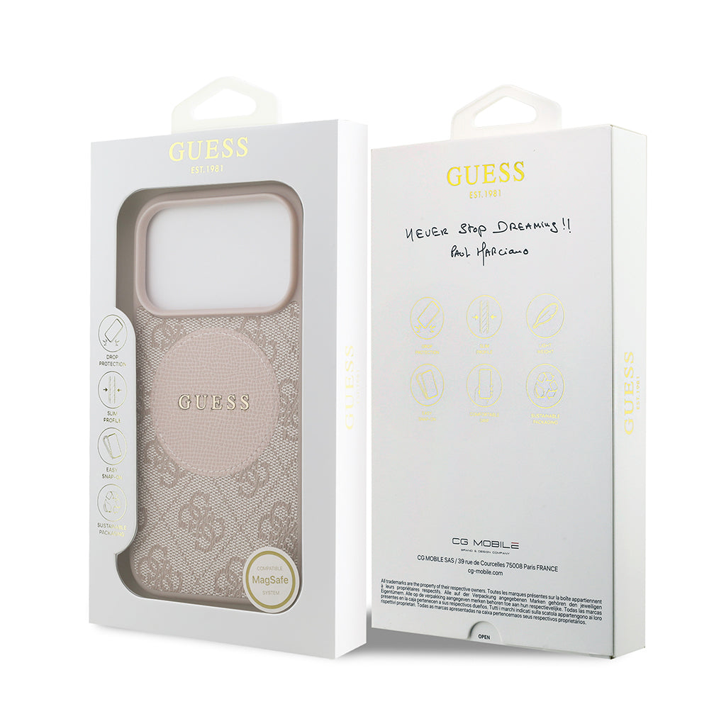 Apple iPhone 17 Pro Kılıf Guess Orjinal Lisanslı M-safe Şarj Özellikli Yazı Logolu Circle Classic Kapak  Pembe