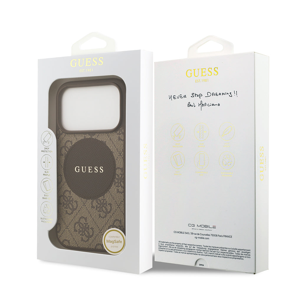 Apple iPhone 17 Pro Kılıf Guess Orjinal Lisanslı M-safe Şarj Özellikli Yazı Logolu Circle Classic Kapak  Kahverengi