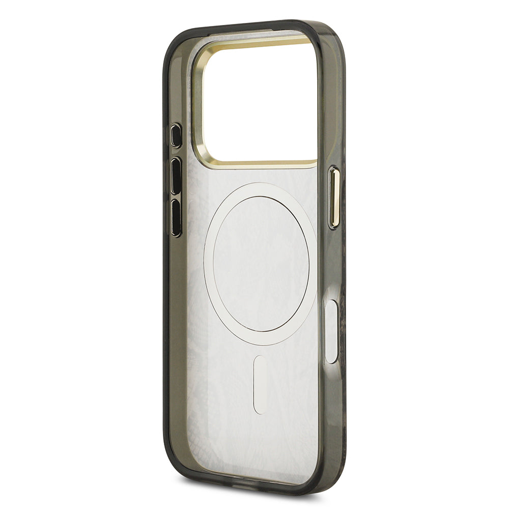 Apple iPhone 17 Pro Kılıf Guess Orjinal Lisanslı M-safe Şarj Özellikli Yazı Logolu Python Desenli Kapak Kahverengi