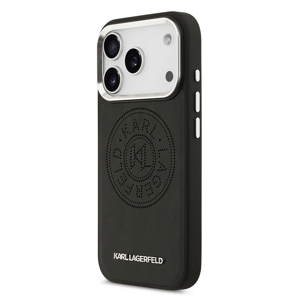 Apple iPhone 17 Pro Kılıf Karl Lagerfeld Orjinal Lisanslı M-safe Şarj Özellikli Delikli Tasarım Metal Logolu PU Deri Kapak Siyah