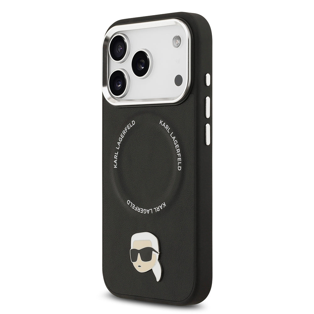 Apple iPhone 17 Pro Kılıf Karl Lagerfeld Orjinal Lisanslı M-safe Şarj Özellikli Metal Kamera ve Buton Tasarımlı Karl PU Deri Kapak Siyah