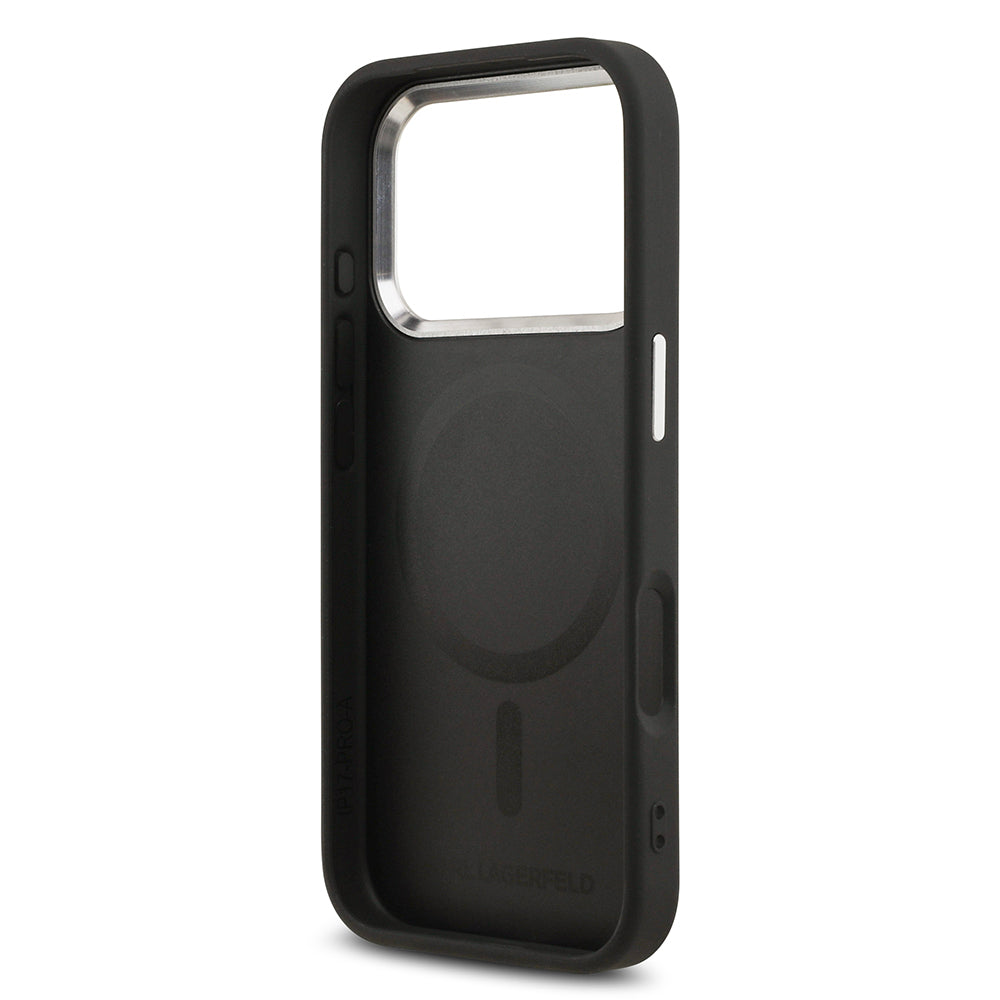 Apple iPhone 17 Pro Kılıf Karl Lagerfeld Orjinal Lisanslı M-safe Şarj Özellikli Metal Kamera ve Buton Tasarımlı Karl PU Deri Kapak Siyah