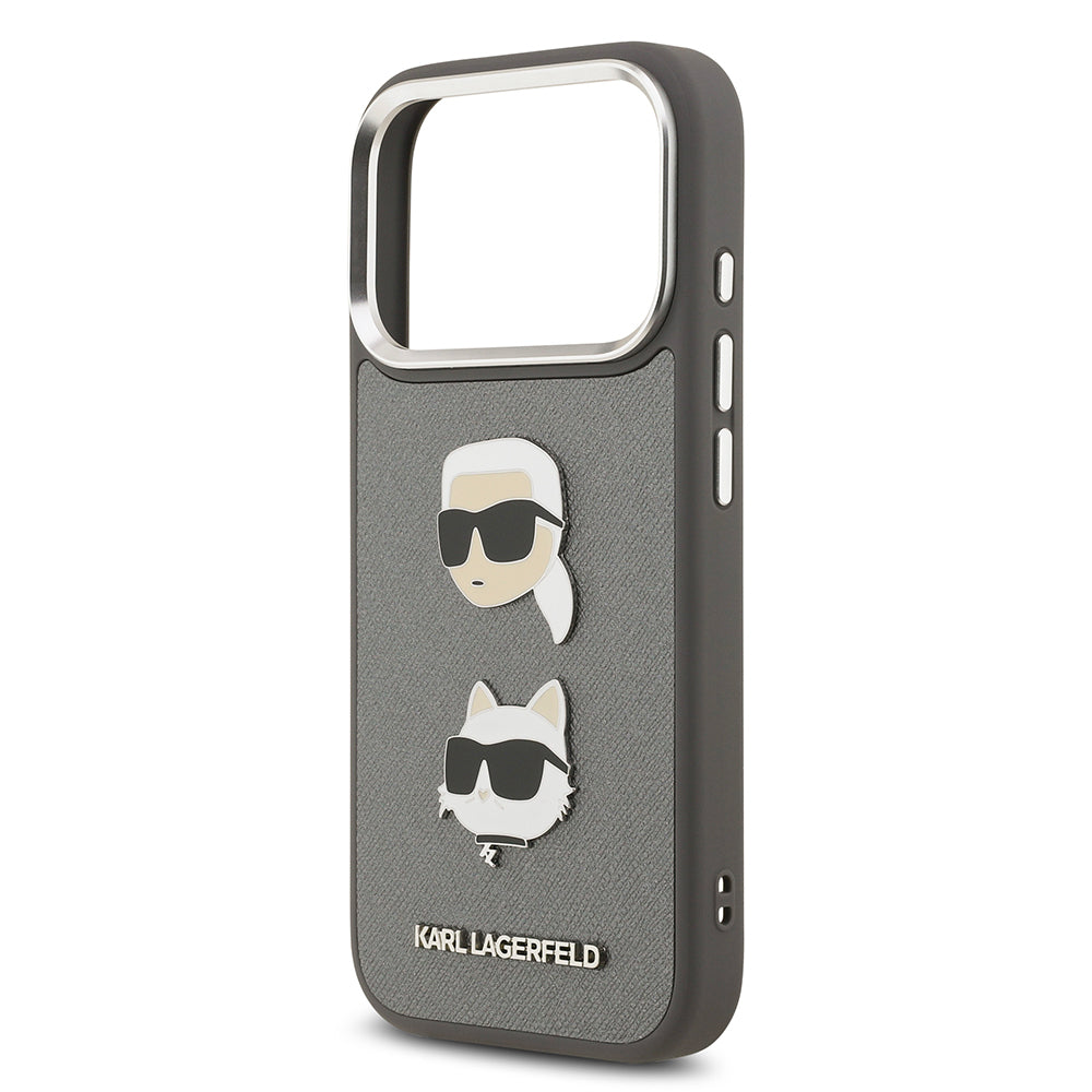 Apple iPhone 17 Pro Kılıf Karl Lagerfeld Orjinal Lisanslı Metal Logolu K&C Heads Pin Kapak Gri