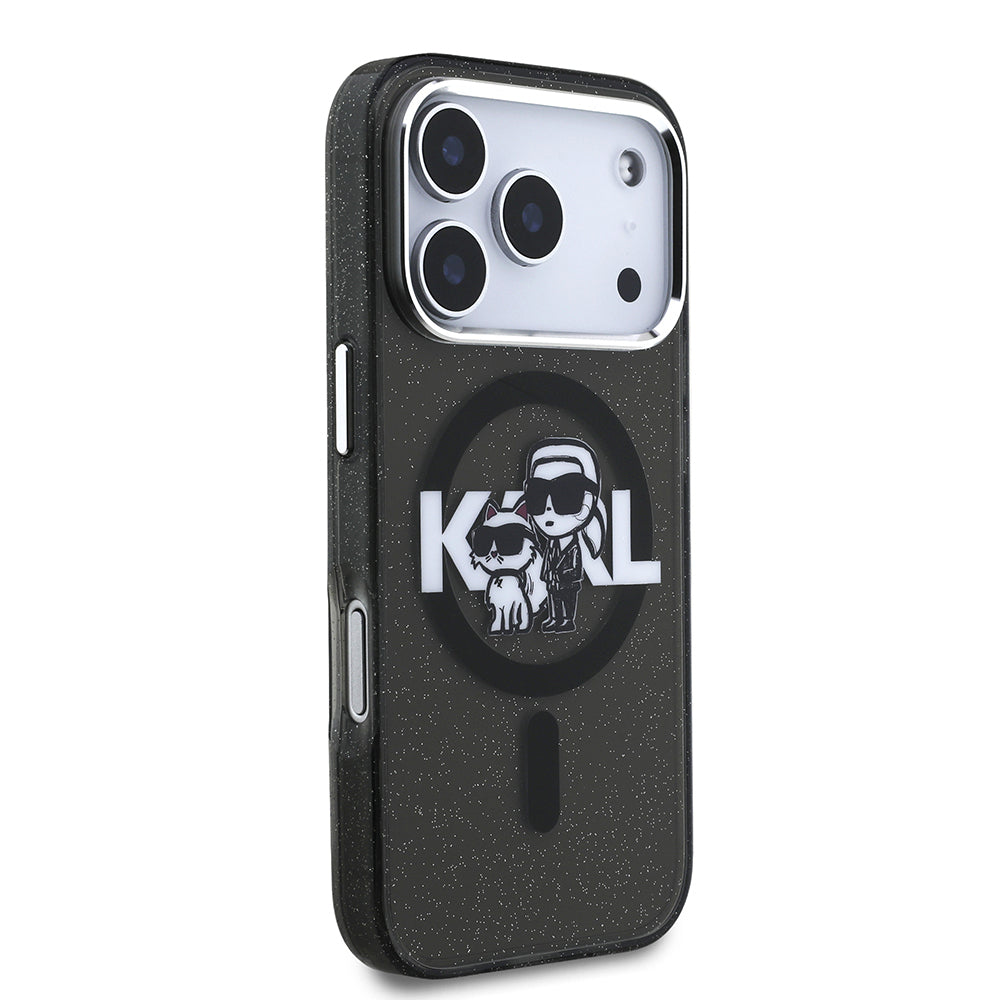 Apple iPhone 17 Pro Kılıf Karl Lagerfeld Orjinal Lisanslı Parlayan Simli Karl & Choupette Sketch Logo Kapak Siyah