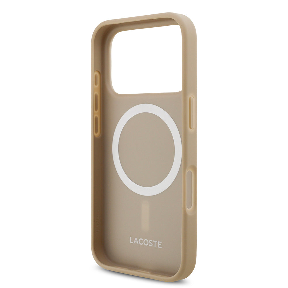 Apple iPhone 17 Pro Kılıf Lacoste Orjinal Lisanslı M-safe Şarj Özellikli PU Pike Desenli Metal Logolu Kartlıklı Kapak Bej