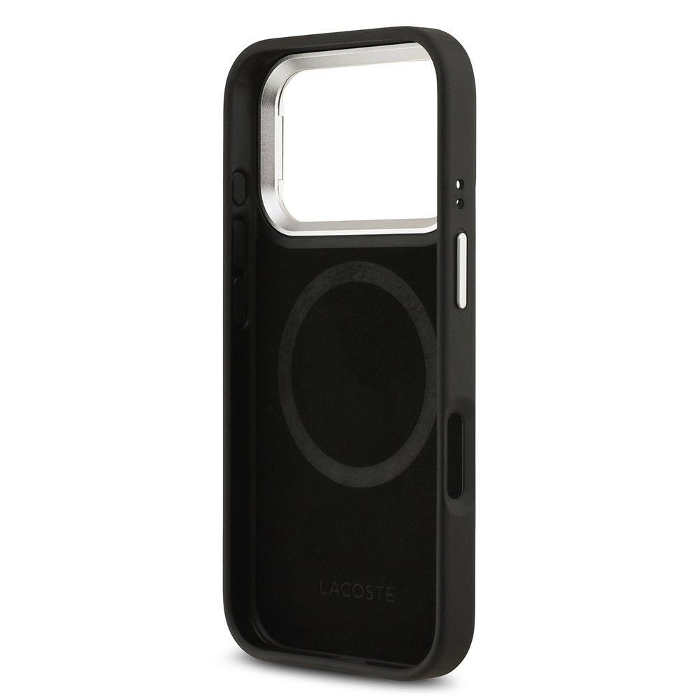 Apple iPhone 17 Pro Kılıf Lacoste Orjinal Lisanslı M-safe Şarj Özellikli PU Pike Desenli Standlı Metal Logolu Kapak Bej