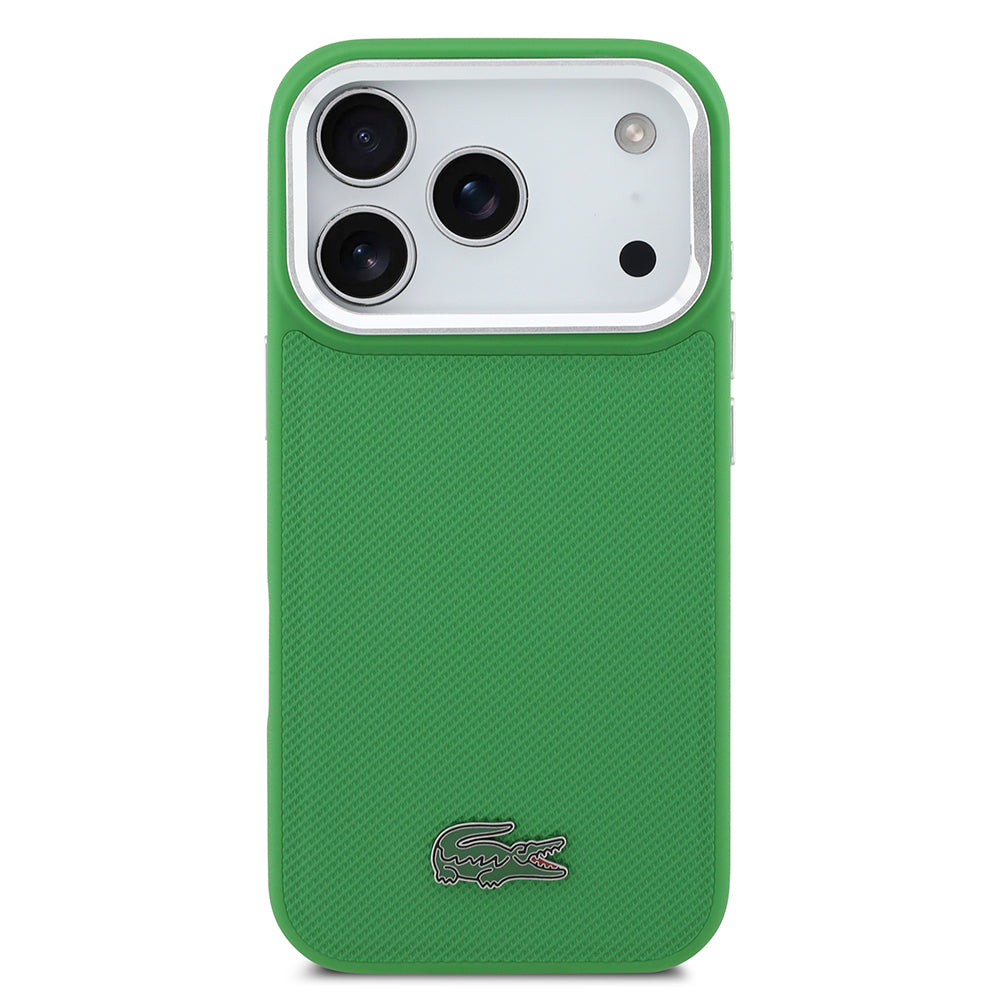 Apple iPhone 17 Pro Kılıf Lacoste Orjinal Lisanslı M-safe Şarj Özellikli PU Pike Desenli Standlı Metal Logolu Kapak Bej