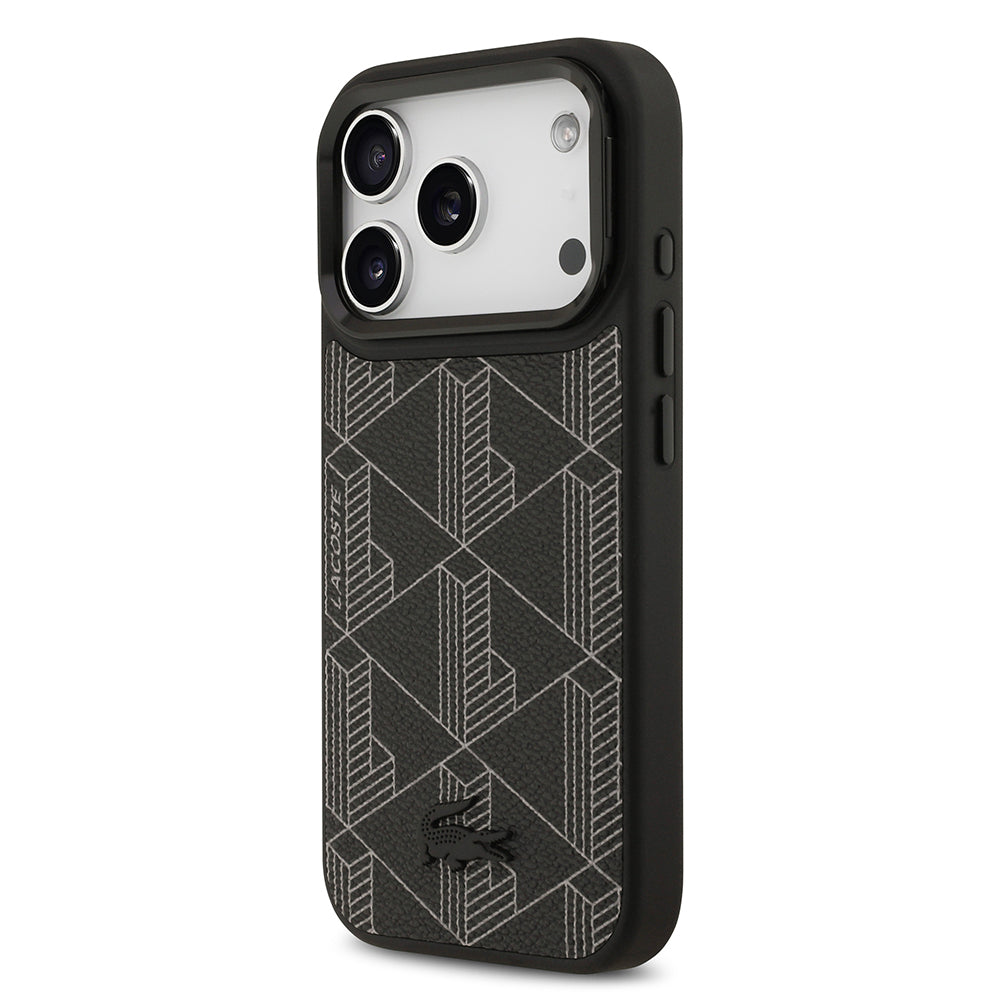 Apple iPhone 17 Pro Kılıf Lacoste Orjinal Lisanslı M-safe Şarj Özellikli Standlı PU Deri Karışık Monogram Desenli Kapak Yeşil