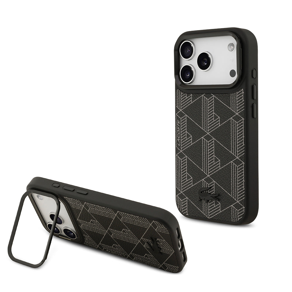 Apple iPhone 17 Pro Kılıf Lacoste Orjinal Lisanslı M-safe Şarj Özellikli Standlı PU Deri Karışık Monogram Desenli Kapak Siyah