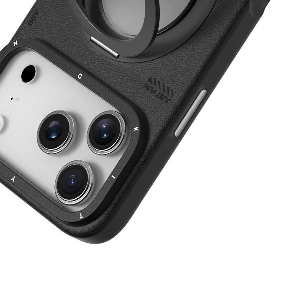 Apple iPhone 17 Pro Kılıf M-safe Şarj Özellikli 360 Derece Standlı Basit Mat Deri Desenli Youngkit Tech Leather Serisi Kapak Gri