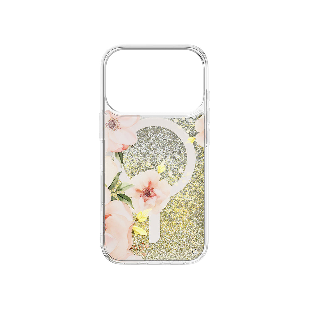 Apple iPhone 17 Pro Kılıf M-safe Şarj Özellikli Çiçek Desenli Simli Arka Yüzey Coehl Fleurette Kapak Gold