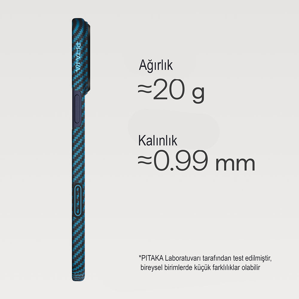 Apple iPhone 17 Pro Kılıf M-Safe Şarj Özellikli Kamera Kontrol Butonlu Aramid Fiber Pitaka Ultra-Slim Kapak Siyah-Mavi