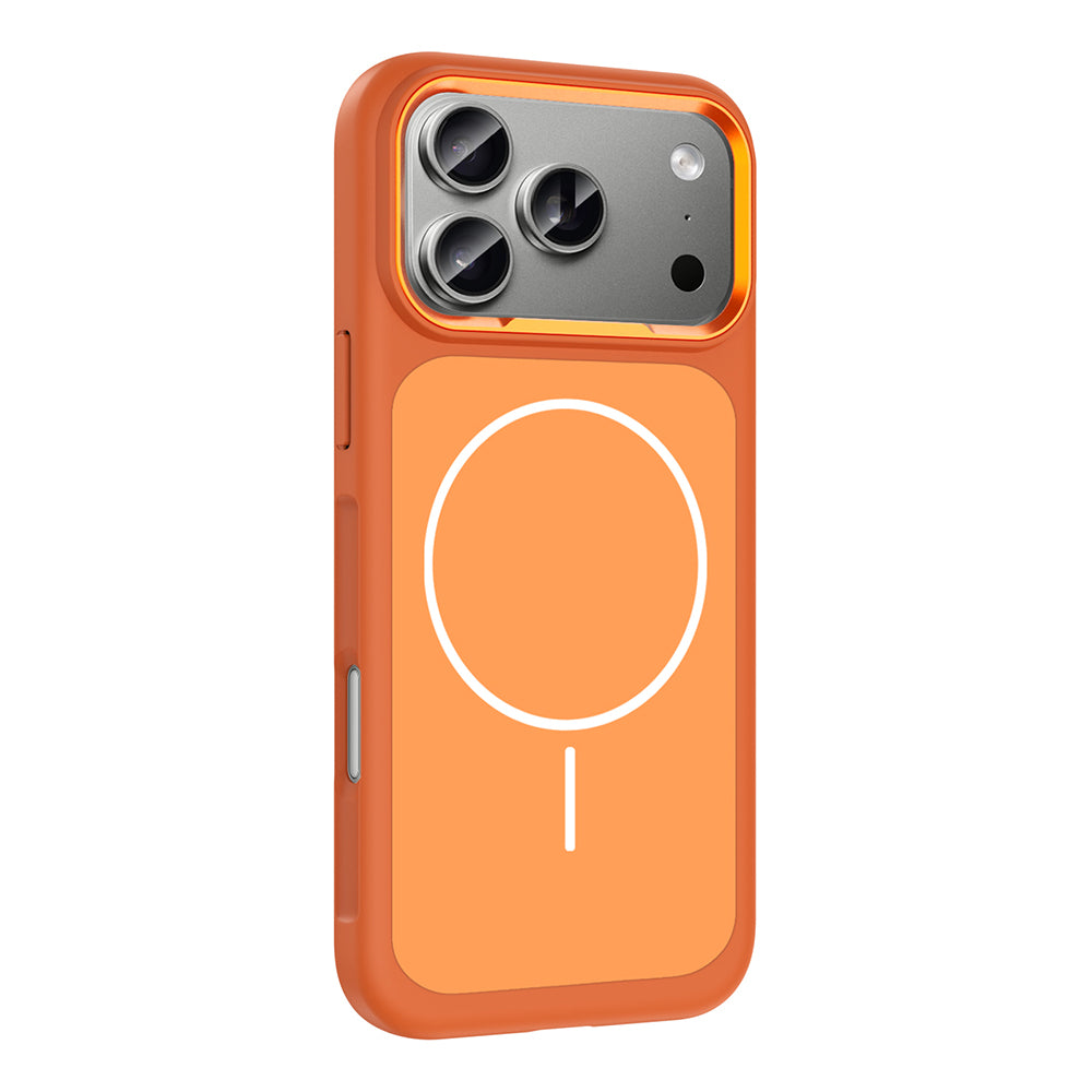 Apple iPhone 17 Pro Kılıf M-Safe Şarj Özellikli Metal Kamera Çerçeveli Zore Sanremo Silikon Kapak Turuncu