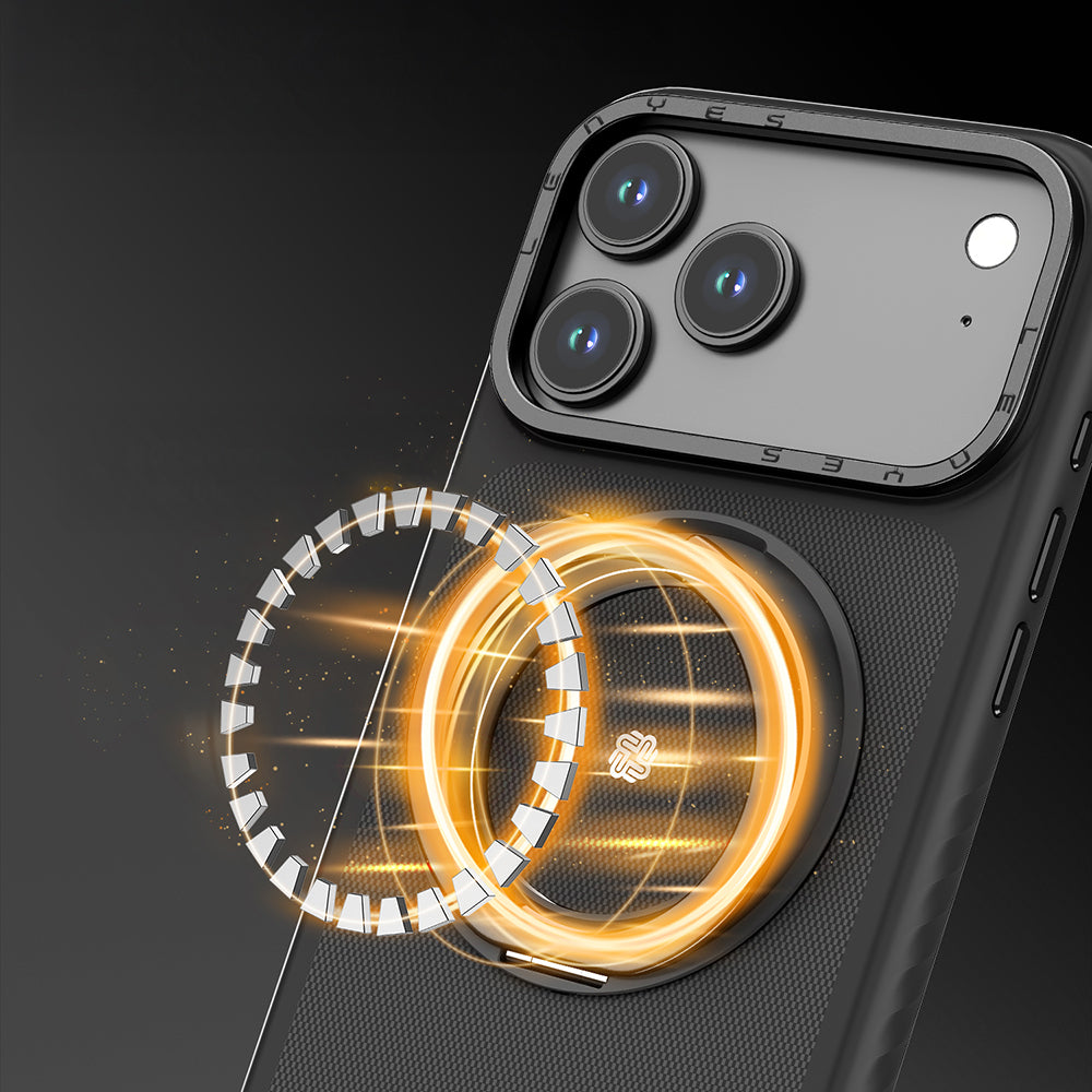 Apple iPhone 17 Pro Kılıf M-safe Şarj Özellikli Metal Standlı Lenyes CK225 Kevlar Kapak Siyah