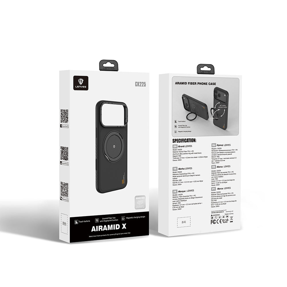 Apple iPhone 17 Pro Kılıf M-safe Şarj Özellikli Metal Standlı Lenyes CK225 Kevlar Kapak Siyah