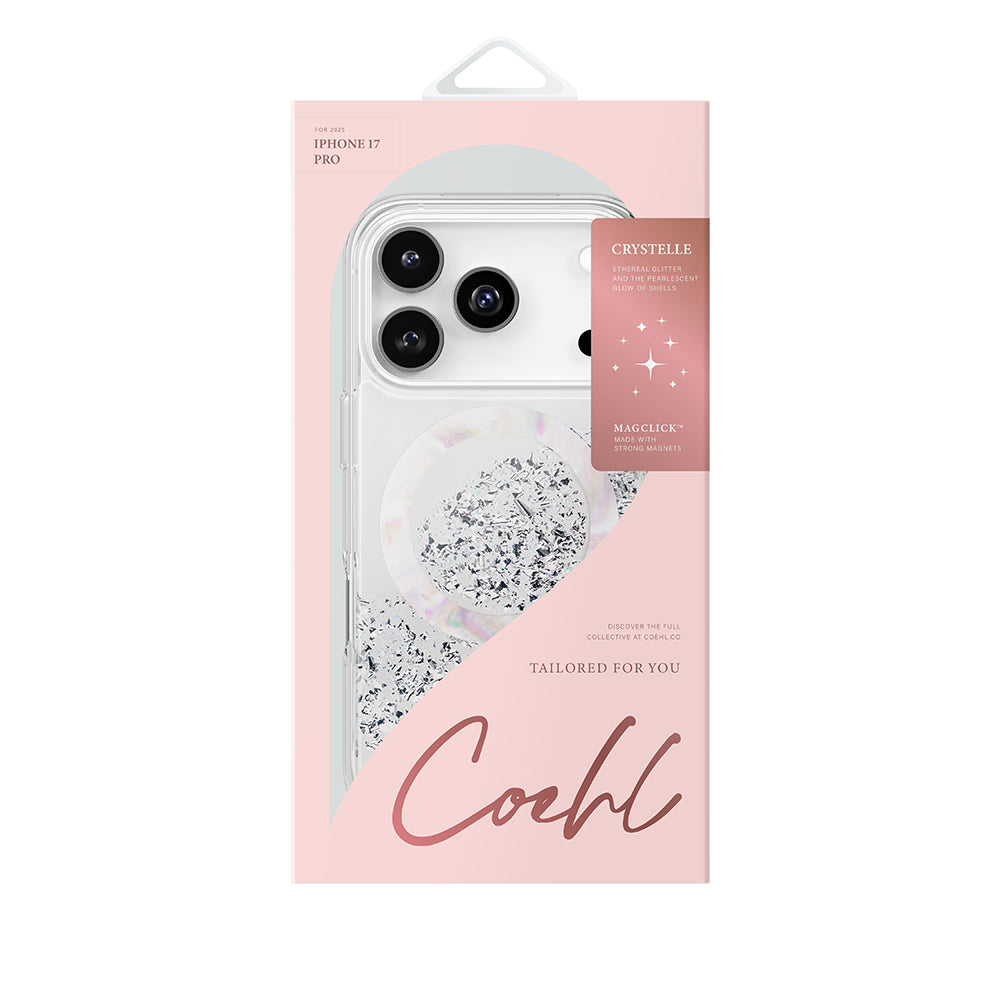 Apple iPhone 17 Pro Kılıf M-safe Şarj Parlak Kristal Desenli Coehl Crystelle Kapak Gümüş