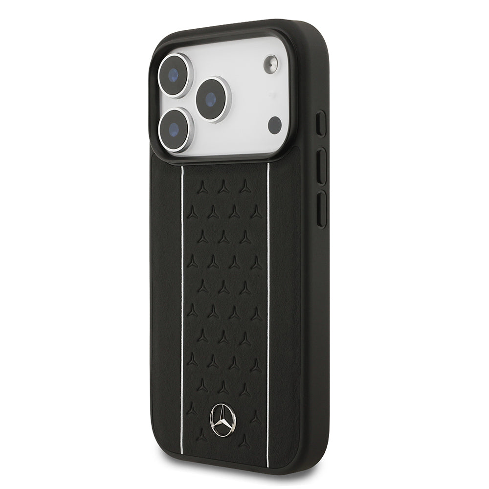 Apple iPhone 17 Pro Kılıf Mercedes Benz Orjinal Lisanslı M-safe Şarj Özellikli Şeritli Yıldız Desenli Metal Logolu Deri Kapak Lacivert