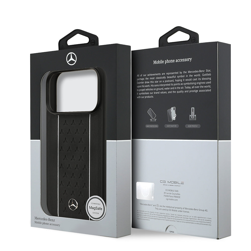 Apple iPhone 17 Pro Kılıf Mercedes Benz Orjinal Lisanslı M-safe Şarj Özellikli Şeritli Yıldız Desenli Metal Logolu Deri Kapak Lacivert