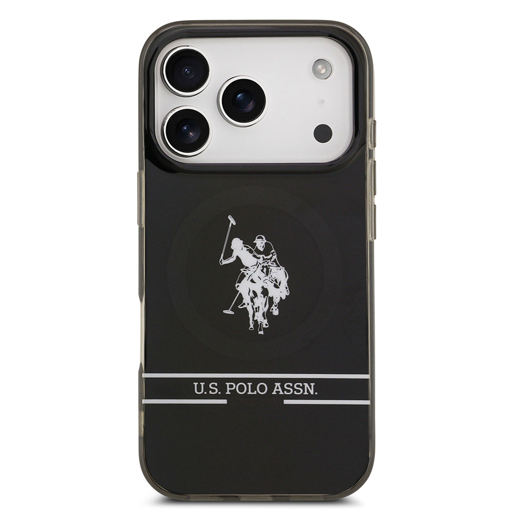 Apple iPhone 17 Pro Kılıf U.S. Polo Assn. Orjinal Lisanslı M-safe Şarj Özellikli IML Double Horse Stripe Logolu Kapak Siyah
