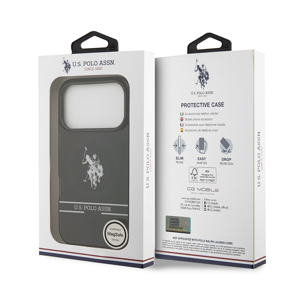 Apple iPhone 17 Pro Kılıf U.S. Polo Assn. Orjinal Lisanslı M-safe Şarj Özellikli IML Double Horse Stripe Logolu Kapak Siyah