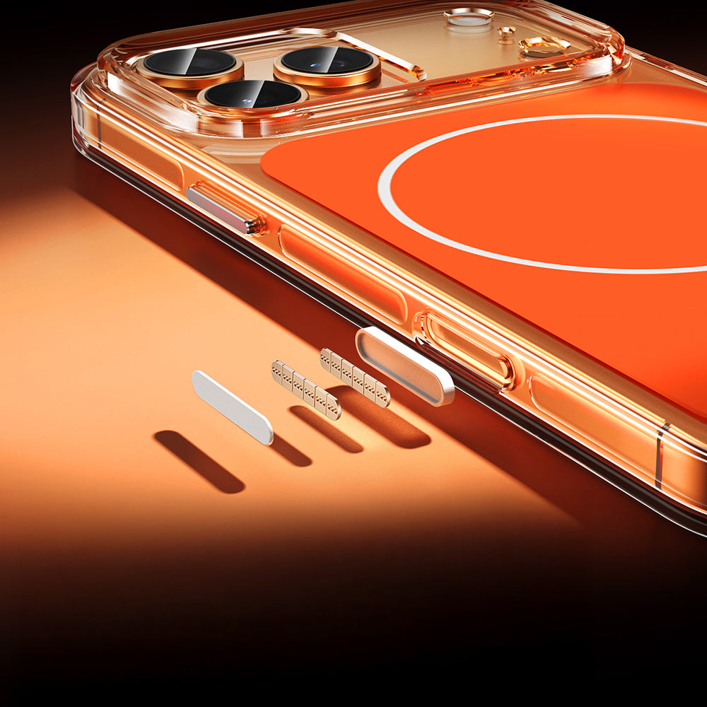 Apple iPhone 17 Pro Kılıf Zore M-safe Şarj Özellikli Şeffaf Kamera Kontrol Butonlu Lugano Kapak Turuncu