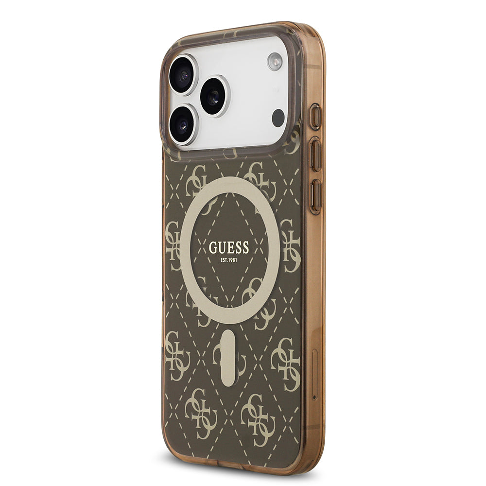 Apple iPhone 17 Pro Max Kılıf Guess Orjinal Lisanslı M-safe Şarj Özellikli IML Baskılı Klasik Logolu 4G Desenli Kapak Kahverengi