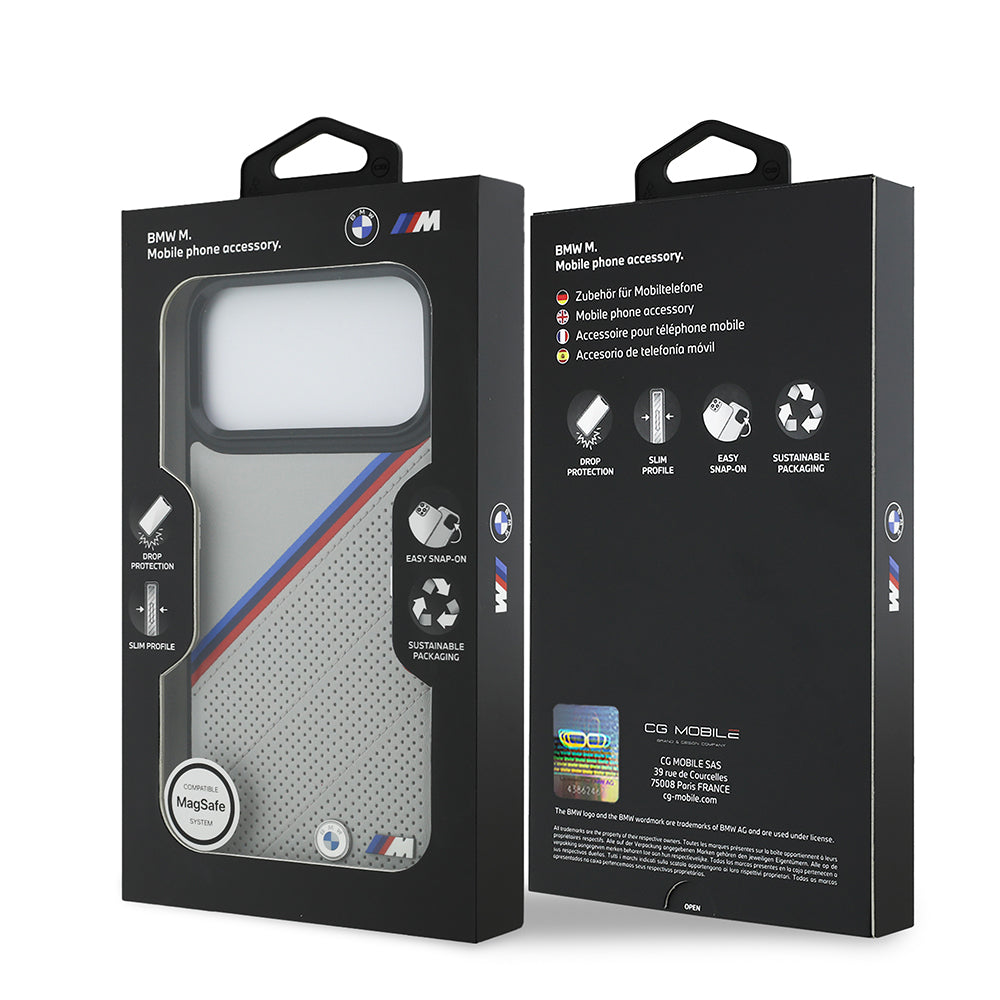 Apple iPhone 17 Pro Max Kılıf BMW Orjinal Lisanslı M-safe Şarj Özellikli M Logolu Üç Şeritli Delikli Deri Kapak Gri