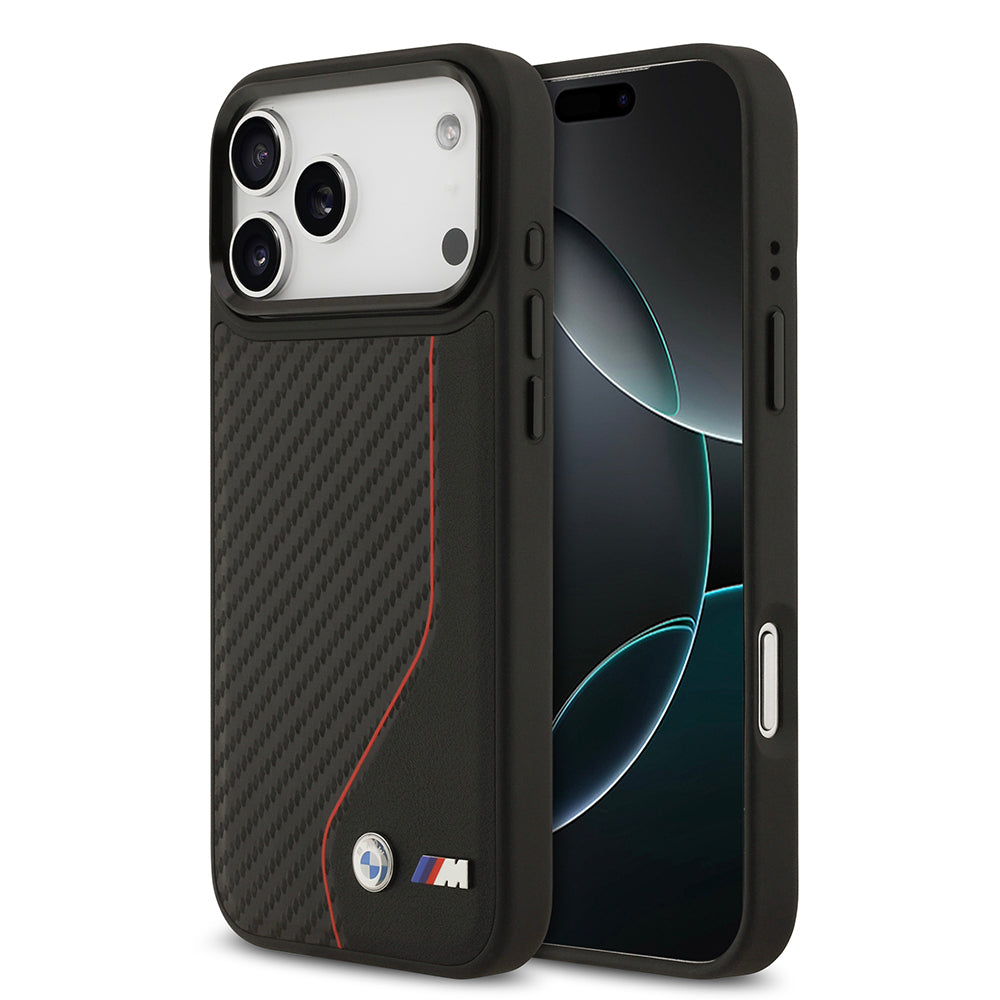 Apple iPhone 17 Pro Max Kılıf BMW Orjinal Lisanslı M-safe Şarj Özellikli Metal BMW ve M Logolu PU Karbon Tasarımlı Kapak Kırmızı