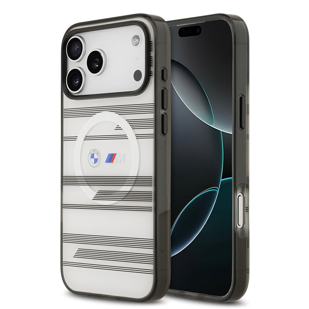 Apple iPhone 17 Pro Max Kılıf BMW Orjinal Lisanslı M-safe Şarj Özellikli Metal Kamera Butonlu Yatay Şeritli M Dizayn Kapak Gümüş