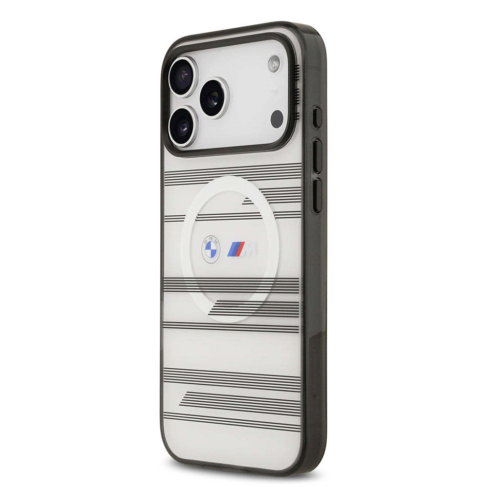 Apple iPhone 17 Pro Max Kılıf BMW Orjinal Lisanslı M-safe Şarj Özellikli Metal Kamera Butonlu Yatay Şeritli M Dizayn Kapak Gümüş