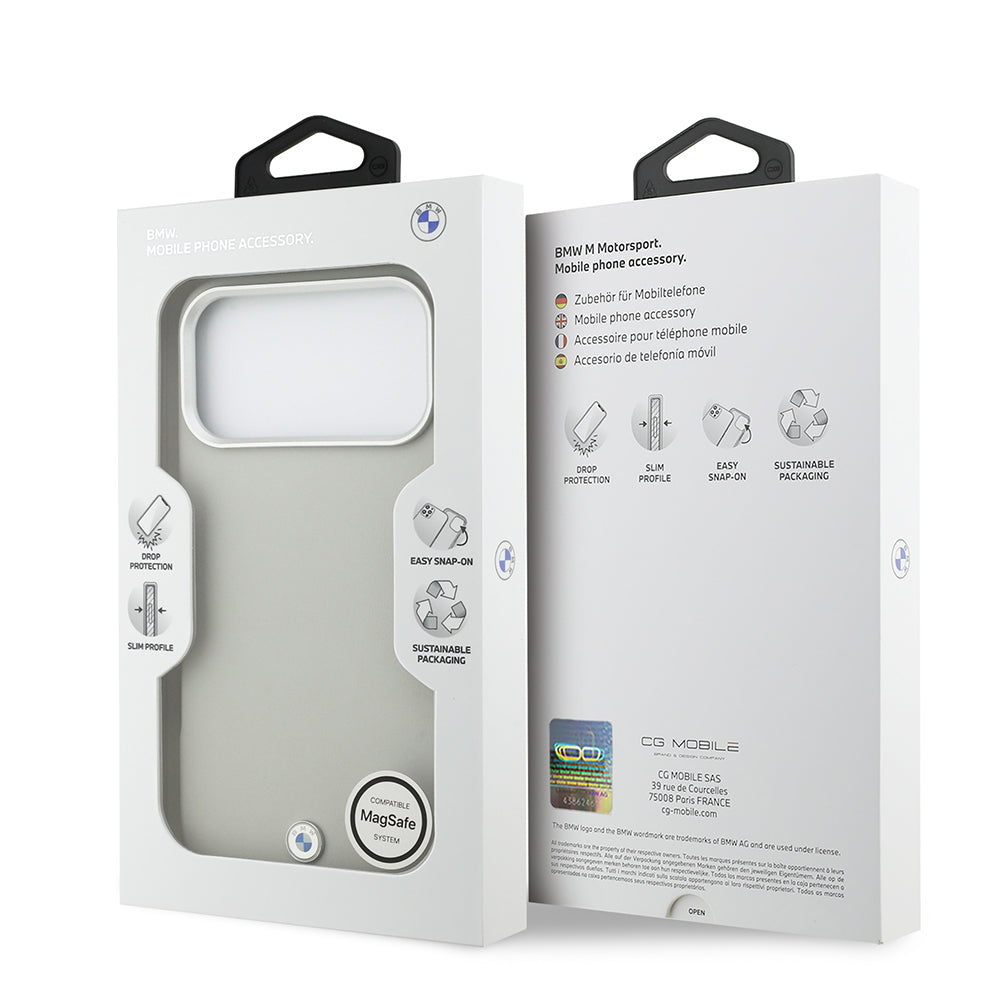 Apple iPhone 17 Pro Max Kılıf BMW Orjinal Lisanslı M-safe Şarj Özellikli Metal Logolu Tam Kaplama Deri Kapak Gri