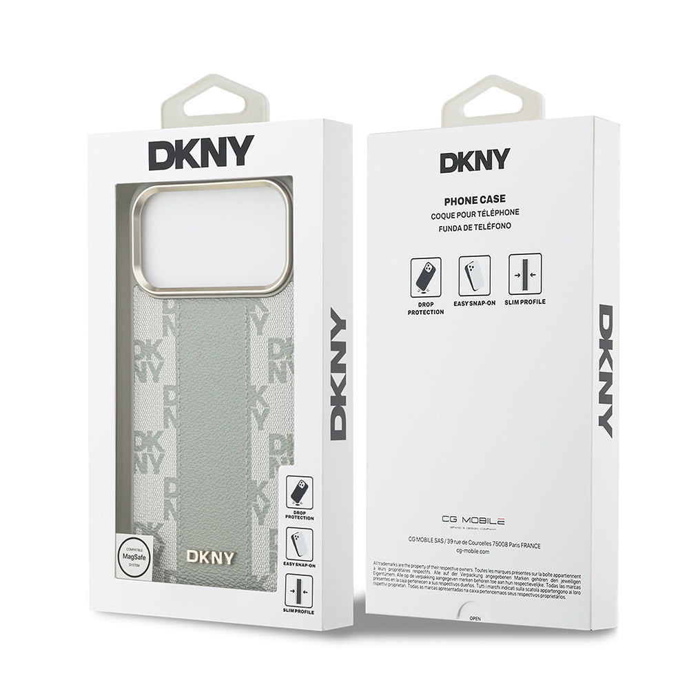 Apple iPhone 17 Pro Max Kılıf DKNY Orjinal Lisanslı M-safe Şarj Özellikli 3D Yazılı Checkered Pattern Kapak Bej