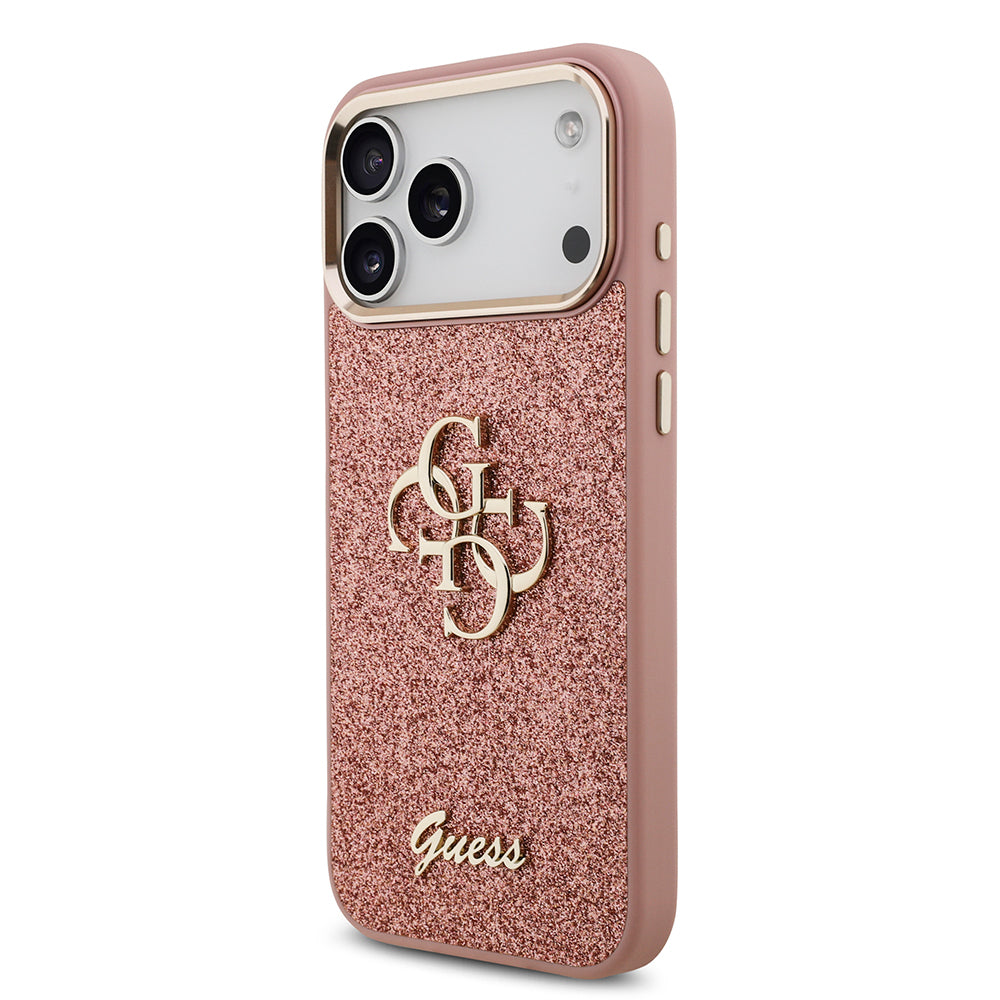 Apple iPhone 17 Pro Max Kılıf Guess Orjinal Lisanslı 4G Büyük Metal Kamera Çerçeveli ve Logolu Glitter Kapak Gold