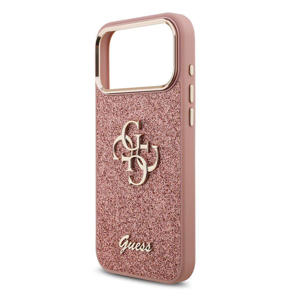 Apple iPhone 17 Pro Max Kılıf Guess Orjinal Lisanslı 4G Büyük Metal Kamera Çerçeveli ve Logolu Glitter Kapak Gold