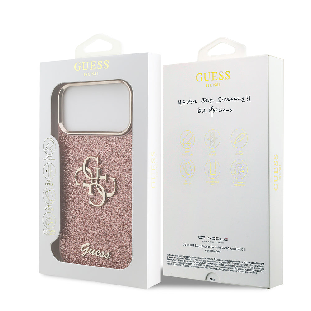 Apple iPhone 17 Pro Max Kılıf Guess Orjinal Lisanslı 4G Büyük Metal Kamera Çerçeveli ve Logolu Glitter Kapak Siyah