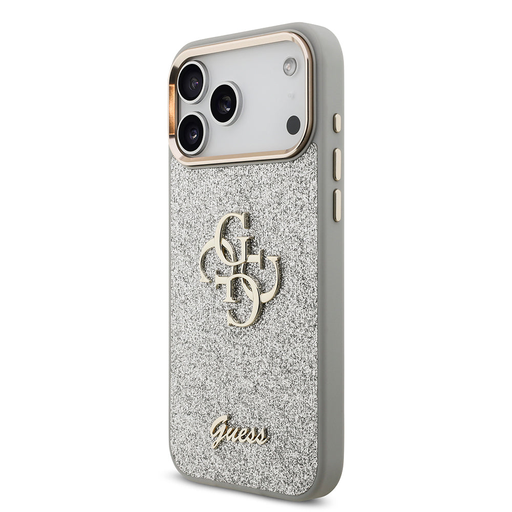 Apple iPhone 17 Pro Max Kılıf Guess Orjinal Lisanslı 4G Büyük Metal Kamera Çerçeveli ve Logolu Glitter Kapak Pembe