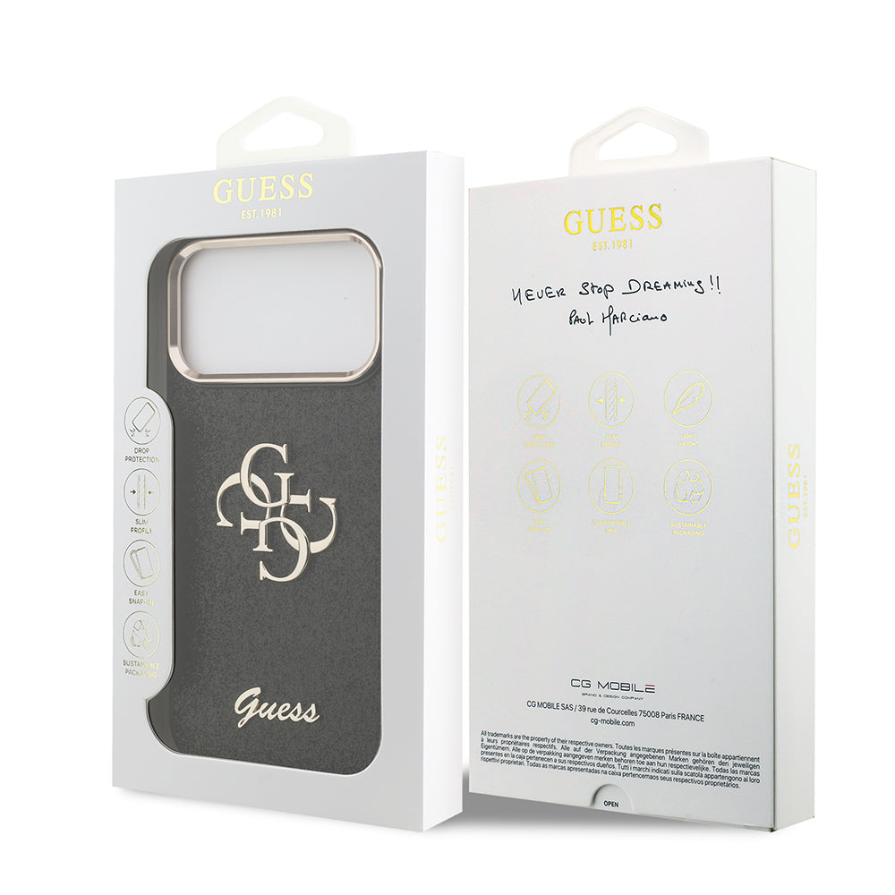Apple iPhone 17 Pro Max Kılıf Guess Orjinal Lisanslı 4G Büyük Metal Kamera Çerçeveli ve Logolu Glitter Kapak Siyah