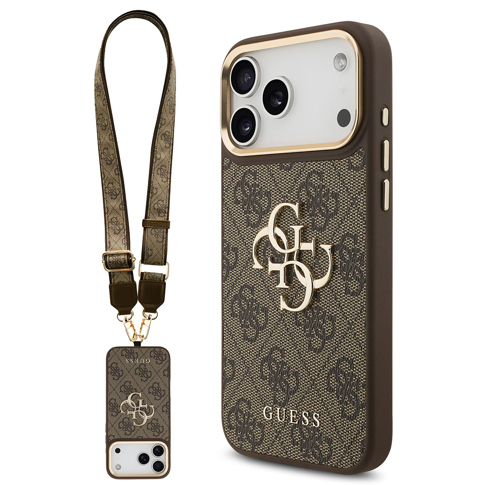 Apple iPhone 17 Pro Max Kılıf Guess Orjinal Lisanslı 4G Büyük Metal Logolu Kalın Askılı Kapak Kahverengi