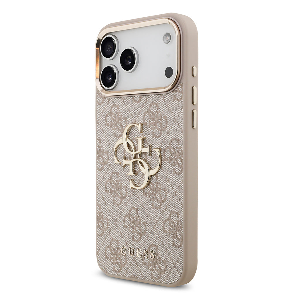 Apple iPhone 17 Pro Max Kılıf Guess Orjinal Lisanslı Gold Metal Kamera Çerçeveli 4G Desenli Metal Büyük 4G ve Yazı Logolu Kapak Pembe