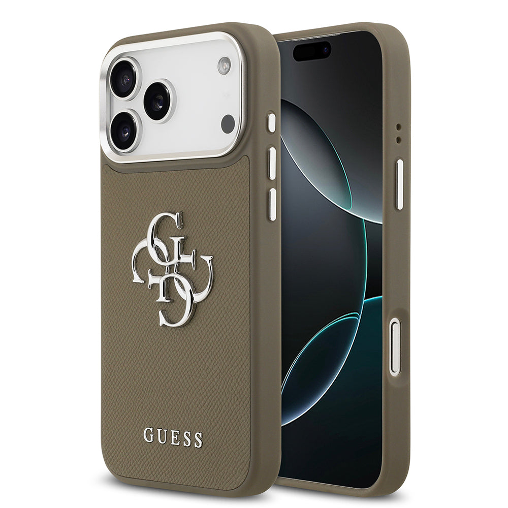 Apple iPhone 17 Pro Max Kılıf Guess Orjinal Lisanslı Grained 4G Metal Büyük Logolu Kapak Kahverengi