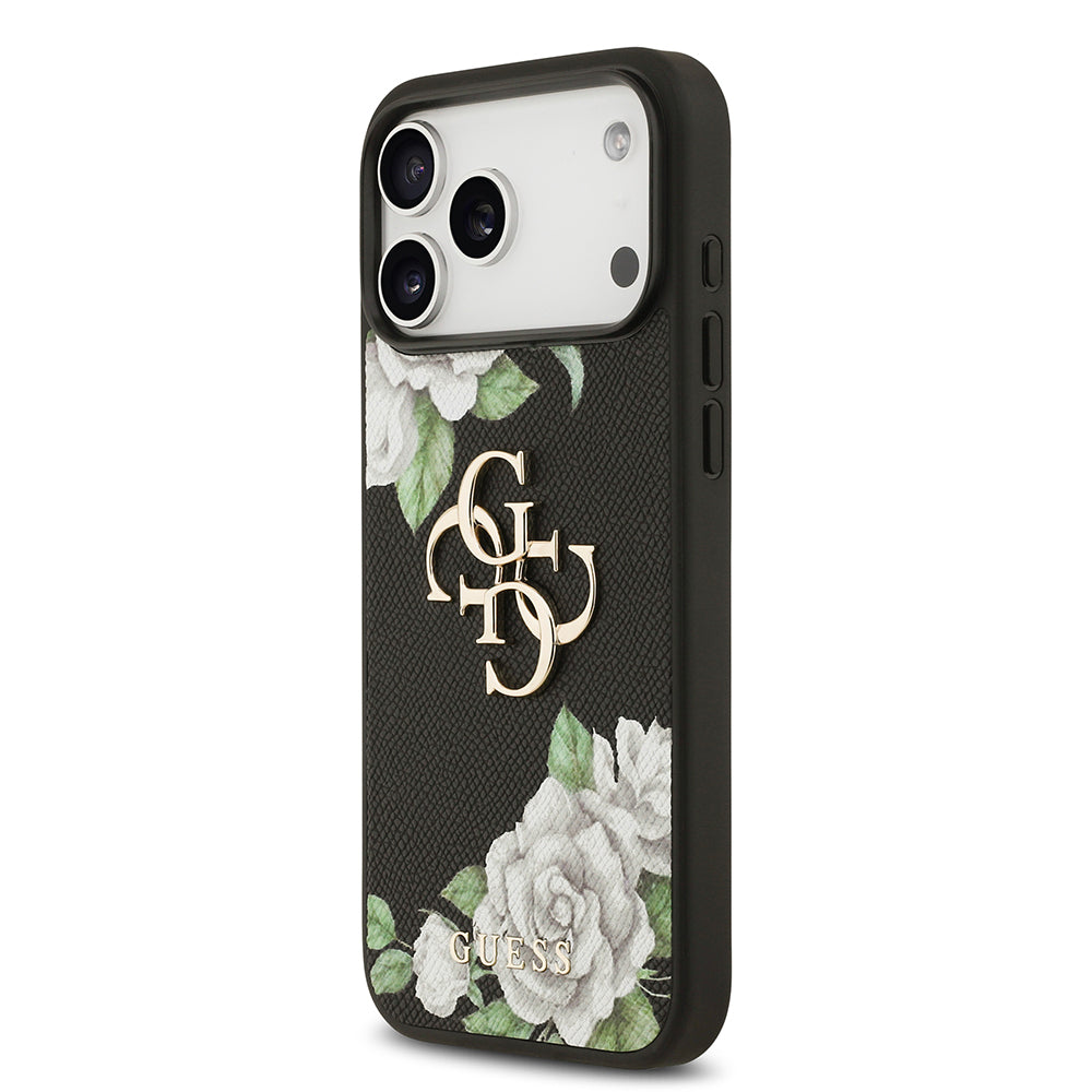 Apple iPhone 17 Pro Max Kılıf Guess Orjinal Lisanslı Gül Baskılı Büyük Metal Logo Dizaynlı Kapak Siyah