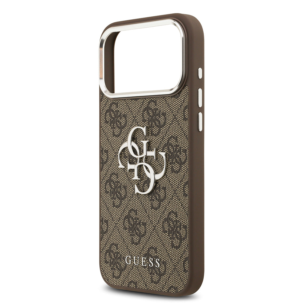 Apple iPhone 17 Pro Max Kılıf Guess Orjinal Lisanslı Gümüş Metal Kamera Çerçeveli 4G Desenli Metal Büyük 4G ve Yazı Logolu Kapak Siyah