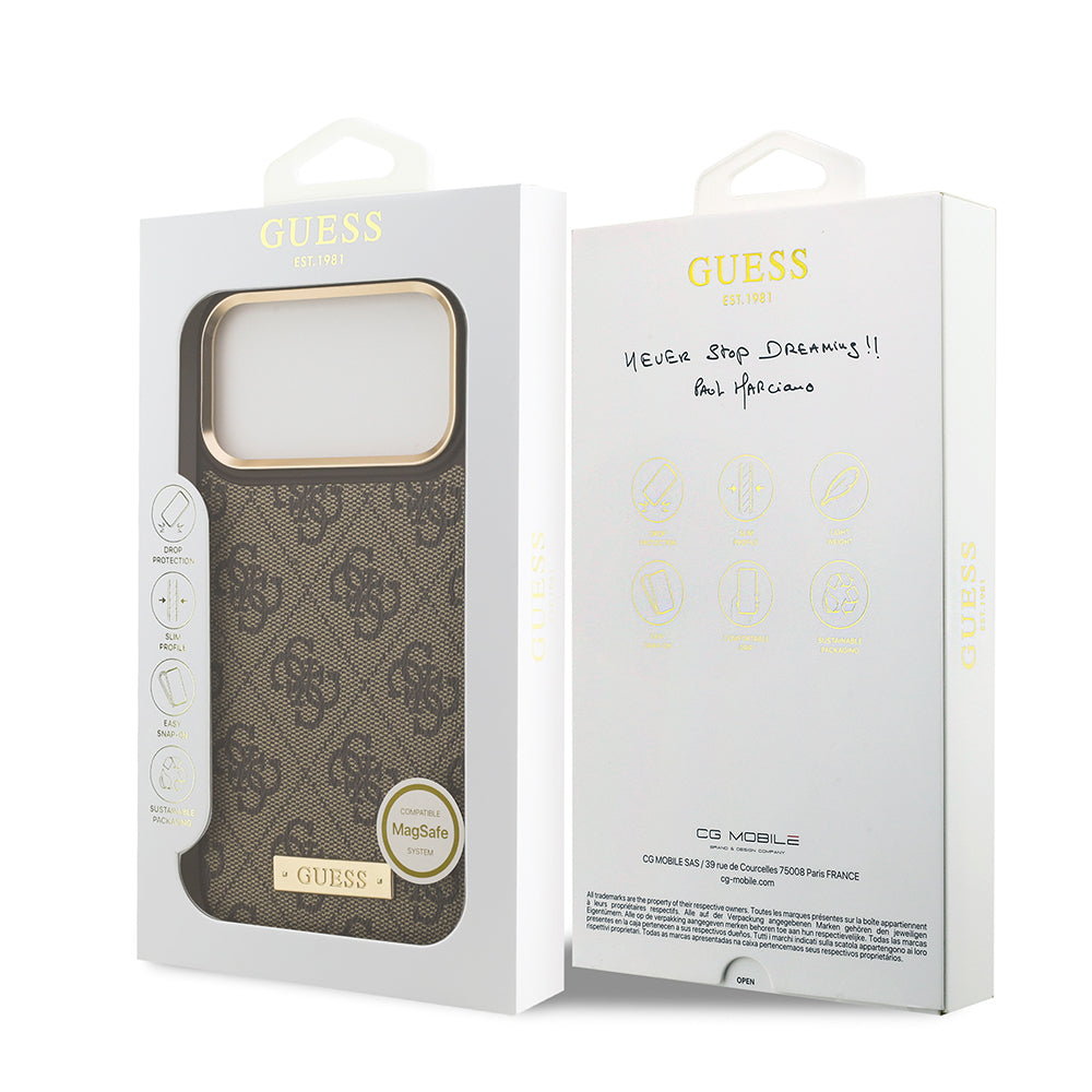 Apple iPhone 17 Pro Max Kılıf Guess Orjinal Lisanslı M-safe Şarj Özellikli 4G Desenli PU Metal Plaka Klasik Logolu Kapak Siyah