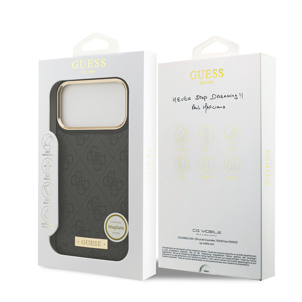 Apple iPhone 17 Pro Max Kılıf Guess Orjinal Lisanslı M-safe Şarj Özellikli 4G Desenli PU Metal Plaka Klasik Logolu Kapak Siyah
