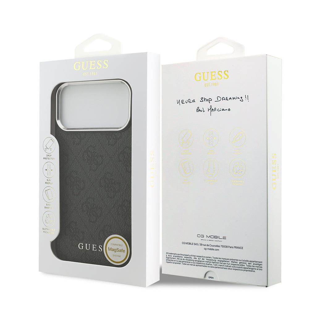 Apple iPhone 17 Pro Max Kılıf Guess Orjinal Lisanslı M-safe Şarj Özellikli 4G Klasik Yazı Logolu Kapak Kahverengi